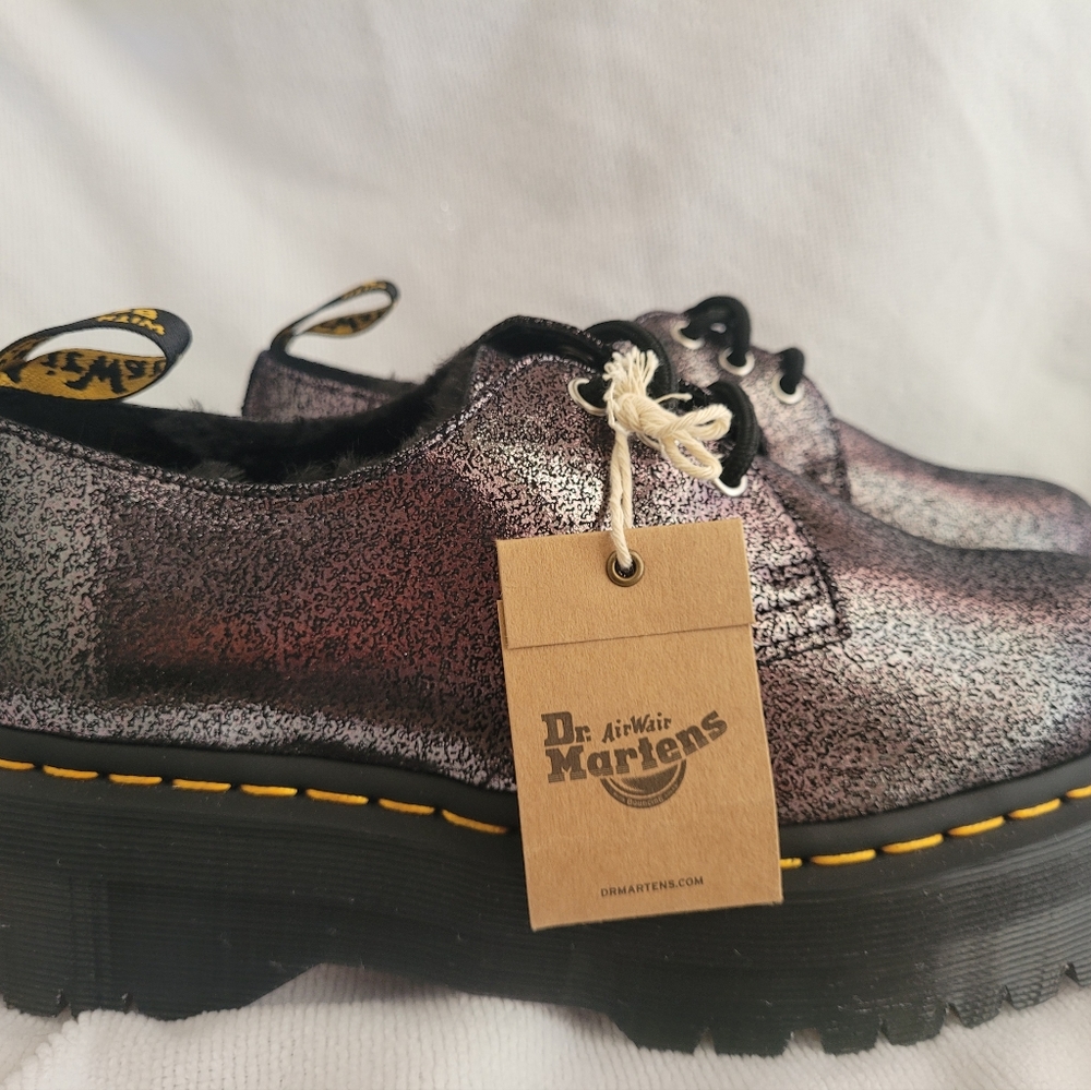 NEW DR Martens 1461 FAUX FUR-LINED METALLIC LEATHER PLATFORM SHOES